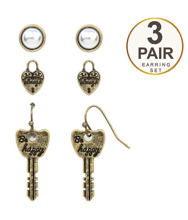 Three piece key earring set