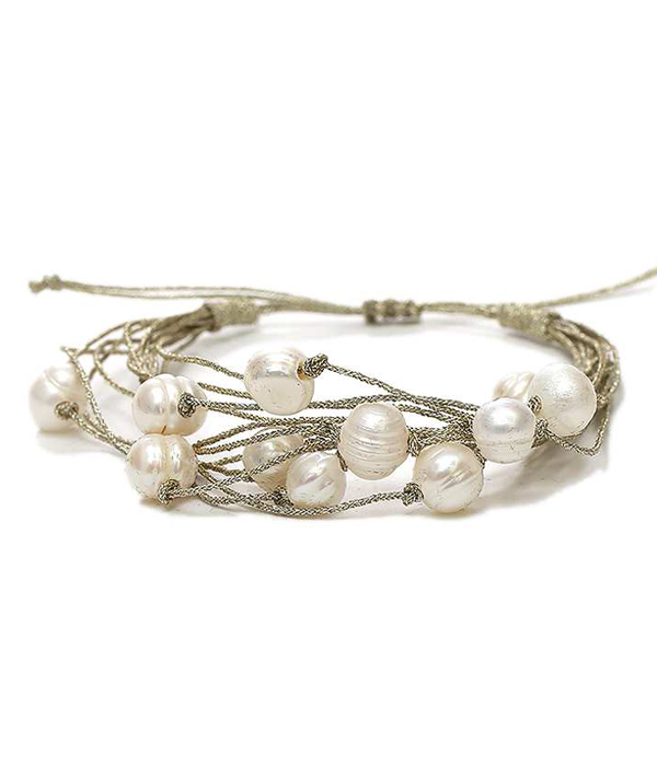 Genuine fresh water pearl metallic cord pull tie bracelet