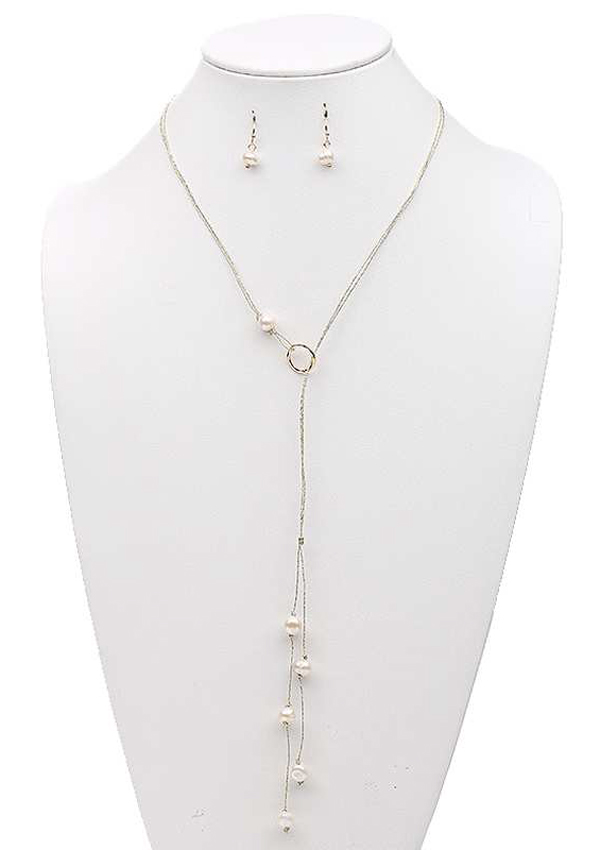 Genuine fresh water pearl and metallic cord y shape necklace set