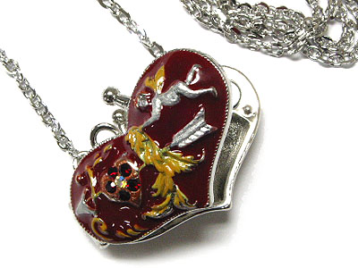 Enamel art and crystal accent heart locket necklace