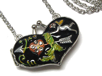 Enamel art and crystal accent heart locket necklace