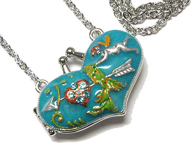 Enamel art and crystal accent heart locket necklace