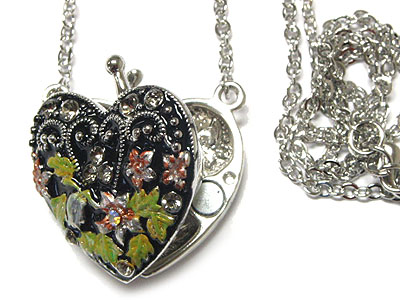 Enamel art and crystal accent heart locket necklace