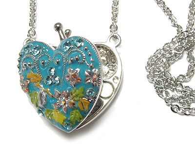 Enamel art and crystal accent heart locket necklace