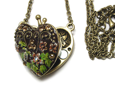 Enamel art and crystal accent heart locket necklace