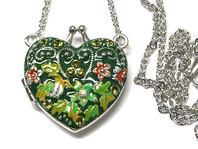 Enamel art and crystal accent heart locket necklace