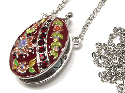 Enamel art and crystal accent oval locket necklace