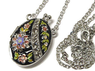 Enamel art and crystal accent oval locket necklace