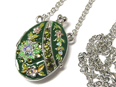 Enamel art and crystal accent oval locket necklace