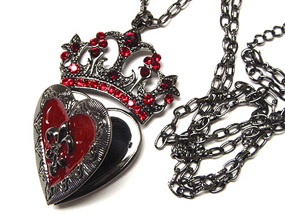 Crystal crown and fleur de lis heart locket necklace