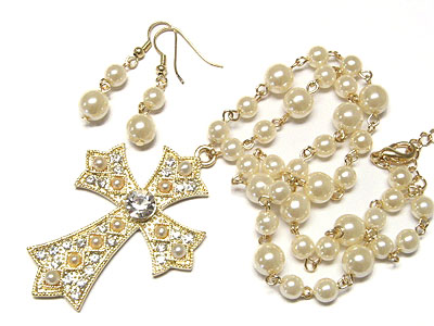 Crystal cross pearl beads string necklace