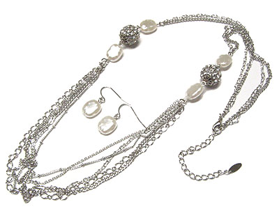 Crystal ball and multi chain link necklace and earring set