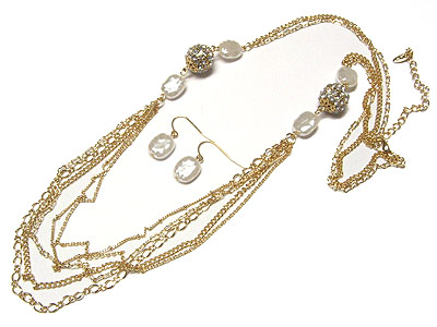 Crystal ball and multi chain link necklace and earring set