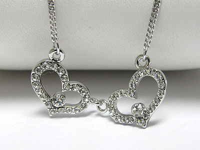 Made in korea whitegold plating crystal dual heart link necklace