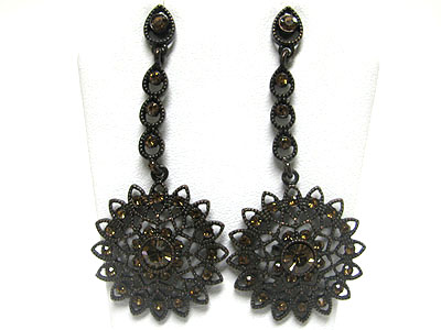 Crystal deco metal flower long drop earring