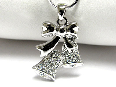 Made in korea whitegold plating crystal christamas ribbon bells pendant necklace 