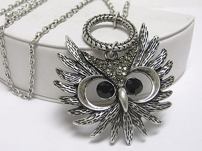 Crystal deco large owl pendant long chain neckalce