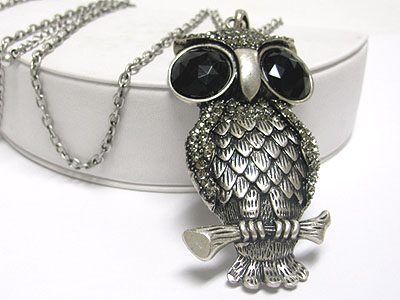 Crystal deco large owl pendant long chain neckalce