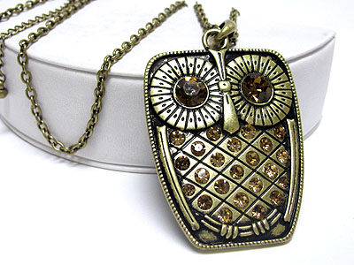 Crystal deco large owl pendant long chain neckalce