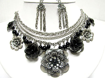 Antique style crystal stud flowers dangle  multi row chain necklace set