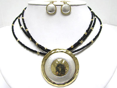 Dual color round metal medallion and seed beads necklace set