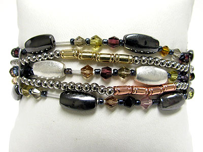 Mixed glass beads and metal chain stretch bracelet