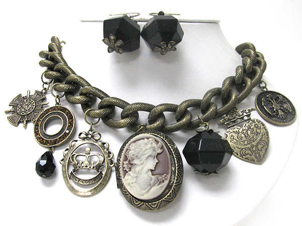 Cameo locket and multi antique charm dangle necklace earrign set