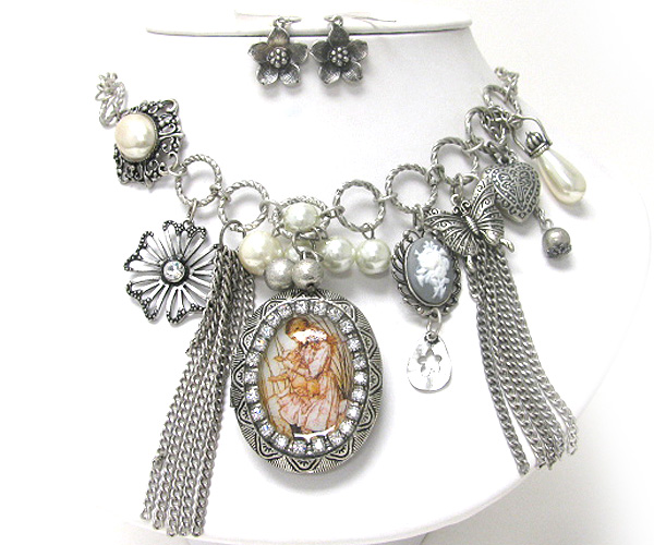 Retro vintage pearl and antique charm dangle necklace earring set