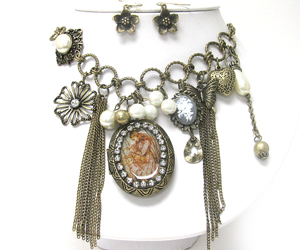 Retro vintage pearl and antique charm dangle necklace earring set