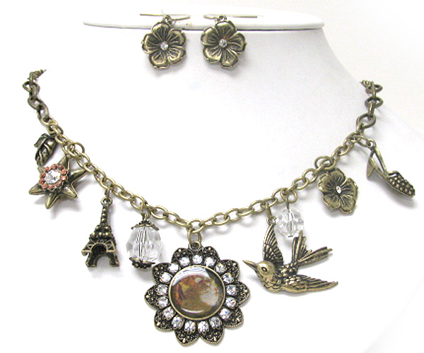 Retro vintage pearl and antique charm dangle necklace earring set