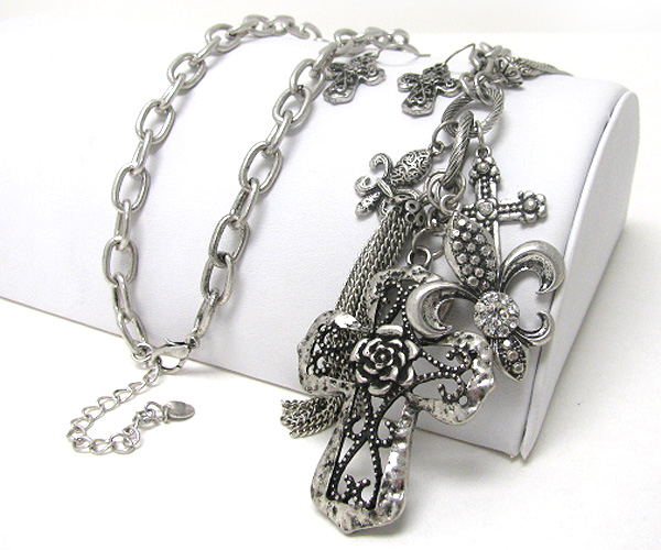 Cross and fleur de lis charm dangle long chain necklace earring set