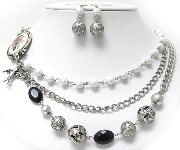 Triple layer mixed metal ball and pearl necklace earring set