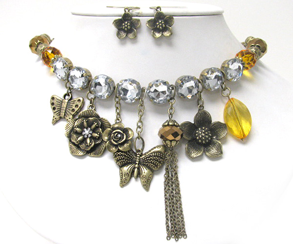 Crystal and mixed butterfly and flower charm dangle necklace earring set