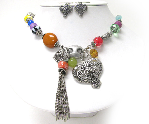 Mixed glass stone heart charm  an tassel drop necklace earring set