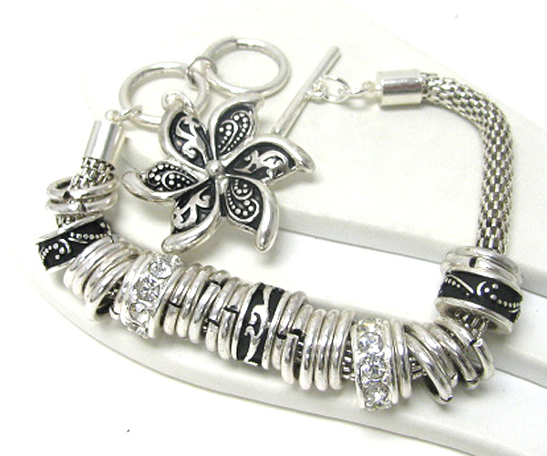 Flower charm multi metal and crystal ring bracelet