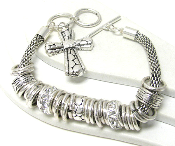 Cross charm multi metal and crystal ring bracelet