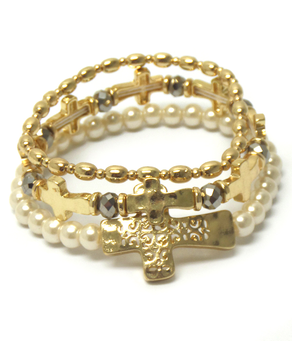 Metal filigree and hammered cross and pearl stretch bracelet set of 3