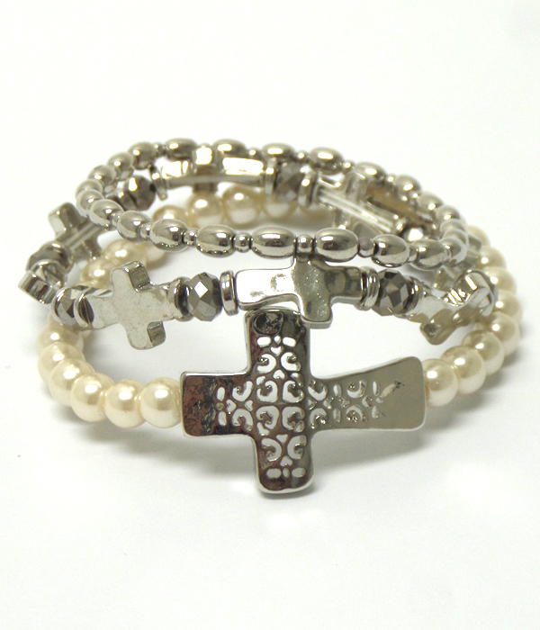 Metal filigree and hammered cross and pearl stretch bracelet set of 3