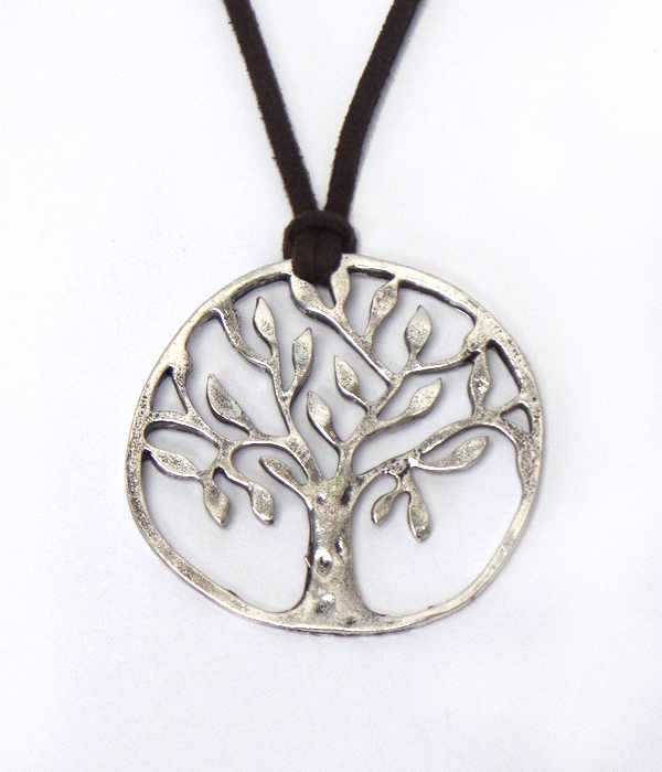 Handmade tree of life pendant and leatherette cord long necklace