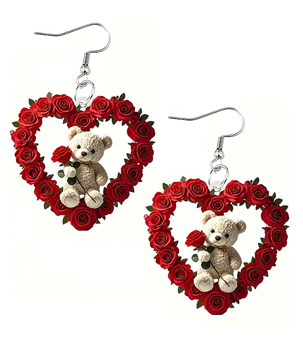 Valentine theme rose heart and teddy bear earring