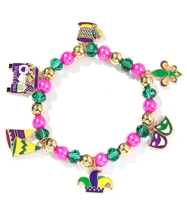 Mardi gras theme multi charm stretch bracelet