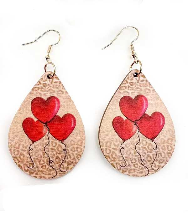 Valentine theme teardrop wood earring - balloon