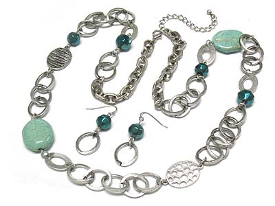 Natural stone deco big chain necklace and earring set 