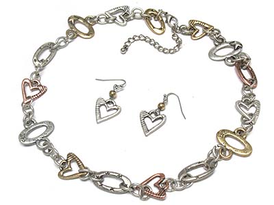 Multi metal heart and oval frame link necklace and earring set 