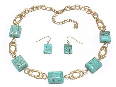 Natural square shape stone deco necklace and earring set 