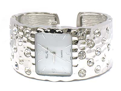 Crystal stone stud hammered pattern bangle watch