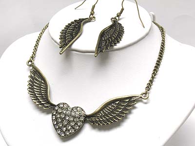 Crystal heart and angel wing necklace and earring set