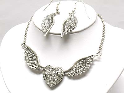 Crystal heart and angel wing necklace and earring set