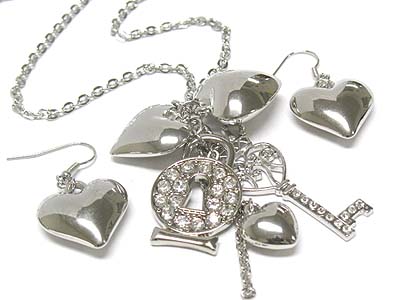 Crystal padlock and key and heart long necklace and earring set