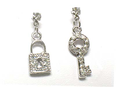 Made in korea whitegold plating crystal small key and lock earring